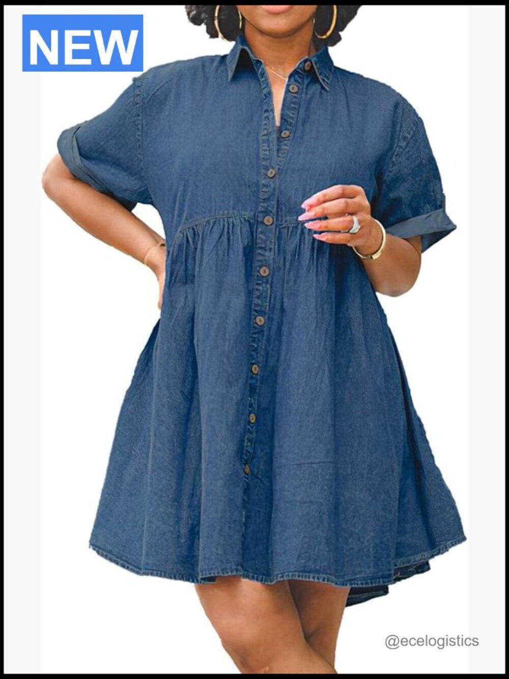 Button Down Ruffle Tiered Babydoll Jean Dress Summer Swing Short Sleeve